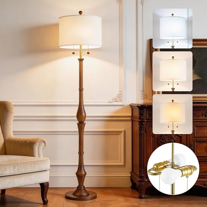 UL Listed 67.5" Natural Real Wood Floor Lamp – Rustic Vintage Base with Linen Shade & S-Cluster Dual Pull Chain Switches for Bedroom, Living Room, Office (Bulb Included)