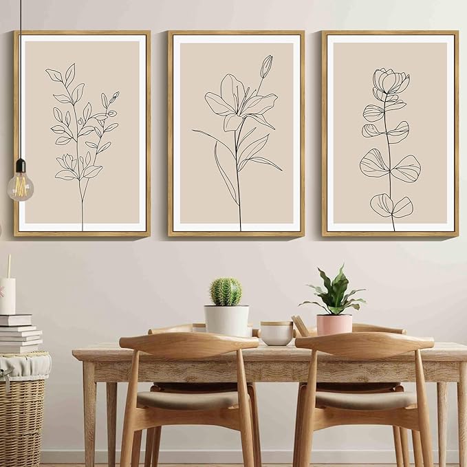 Drsoum Flower Wall Art Vintage Floral Minimalist Wall Hanging Decor Bohemain Botanical Prints Artwork for Bedroom Living Room Hallway 24x36in Natural Framed