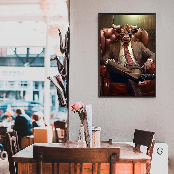 Trendy Suit Animal Cow Portrait Wall Art Funny Boss Cow Canvas Posters Work Struggle Motivation Inspiring Prints Painting For Office Living Room Wall Decor 16x24in Framed