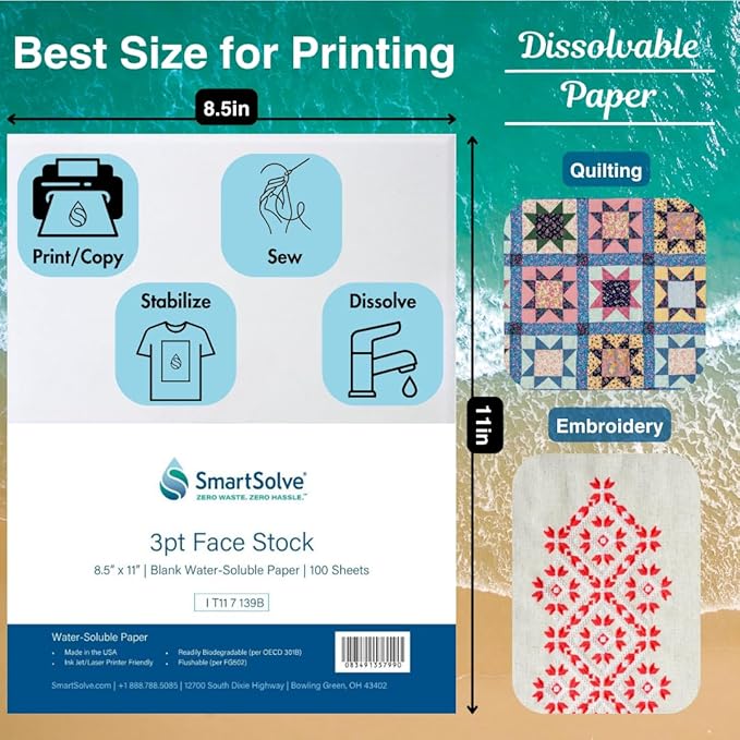 3 pt. Water-Soluble Paper | Dissolves Quickly in Water | Biodegradable | Eco-Friendly | Printer Compatible | Crafts, Drawing, Notes | Letter Size, 8.5” x 11” | Pack of 100 White Sheets
