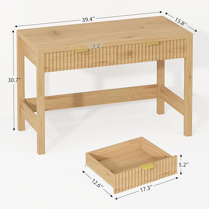Fluted Computer Desk with 2 Drawers, 39 Inch Small Computer Desk with Storage, Compact Writing Study Desk for Small Spaces