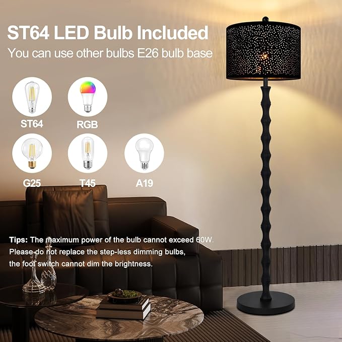Gothic Black Floor Lamp for Living Room Bedroom,Vintage Standing Tall Lamp with Drum Lampshade,Farmhouse Unique Floor Lamps,Modern Mid Century Iron Floor Lamp for Office Corner(Bulb Included)