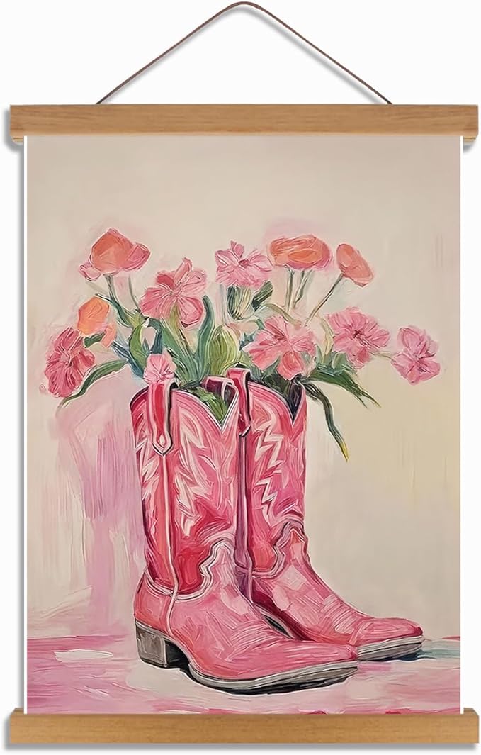 Pink Floral Cowboy Boots Wall Art, Vintage Cowboy Boots Canvas Wall Decor, Western Country Chic Home Decor, Western Aesthetic Prints Poster Trendy Preppy Girls Room Decor 12x16in Hanging Paintings