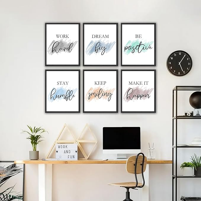 Drsoum Motivational Wall Decor Inspirational Office Wall Art Quotes Framed Wall Art for Living Room Encouraging Canvas Posters for Office Bedroom Sayings for Wall Decor - 8” x10” x6 PCS (Black Framed)