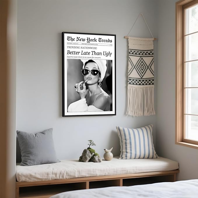 Framed Better Late Than Ugly Wall Decor Vintage Newspaper Wall Art Black and White Fashion Poster Audrey Hepburn Chic Decor New York Trends Glam Quote Canvas Print for Bedroom Bathroom Dorm 24x36inch