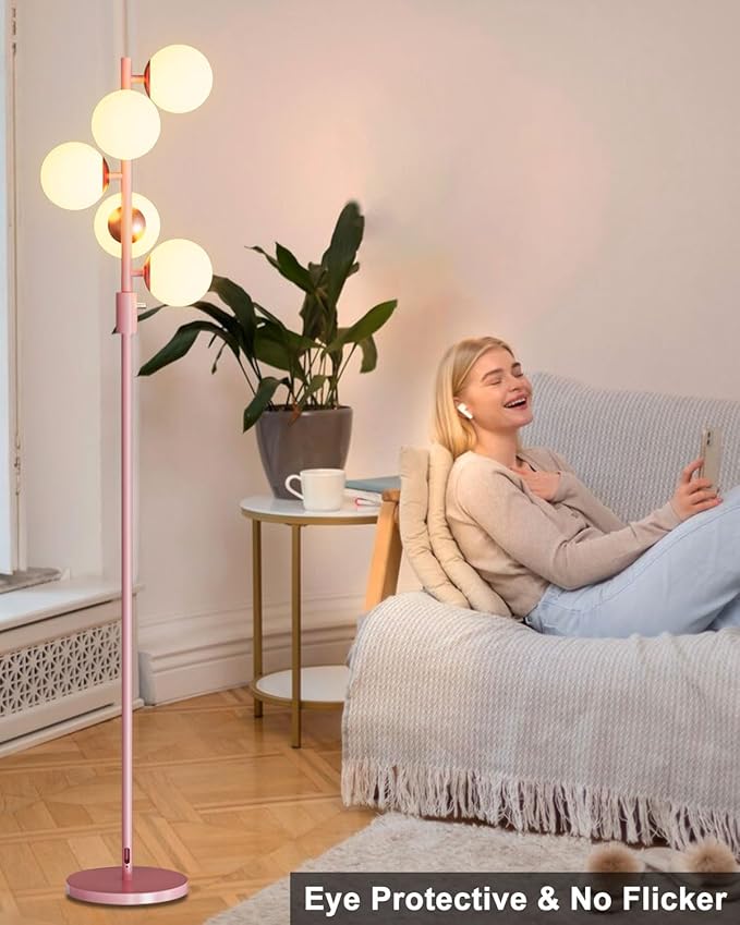 Lightdot Dimmable (Brightness Adjustable) Globe Floor Lamp, Retro Pink Pole Standing Lamps with 5PCS Bulbs Included, Mid Century Modern Floor Lamp for Living Room/Bedroom/Sofa Beside/Corner Decor