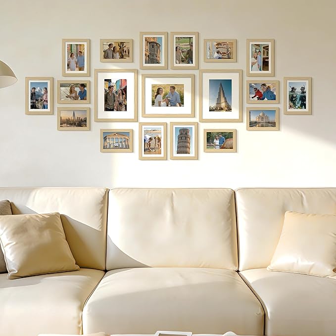 upsimples 19 Pack Picture Frames Collage Wall Decor for Mounting or Tabletop Display, Photo Gallery Frame Set for Family, Multi Sizes Including 8x10, 5x7, 4x6, Natural