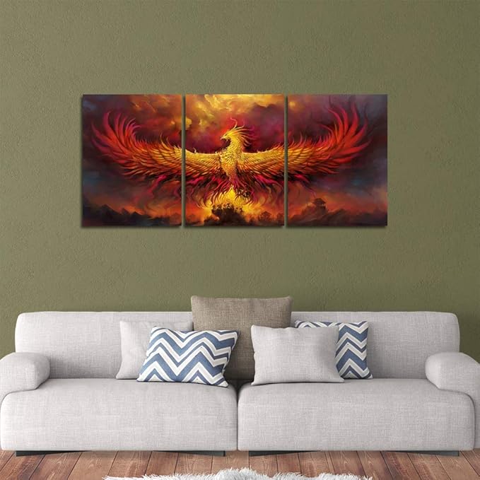 Yetaryy Fantasy Wall Art Canvas Prints Golden Red Burning Phoenix Volcanic Ancient Mystic Animal Birds Living Room Bedroom Home Decor Wall Decoration 3 Panels Wood Framed Poster - 72" W x 36" H
