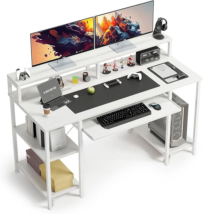 VERMESS 48 Inch Computer Desk, Home Office White With Keyboard Tray, Gaming With Full Monitor Stand, Storage Shelves & CPU Stand, Modern Study Writing Table Studio Work With Shelf