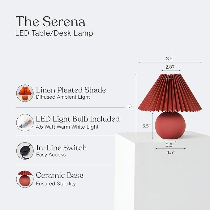 Brightech Serena LED Table Lamp - Small 10" Modern Ceramic Lamp with Pleated Shade for Bedside, Nightstand, Desk - Mini Night Light with Cozy Soft White Light for Living Room, Bedroom - Maroon Red
