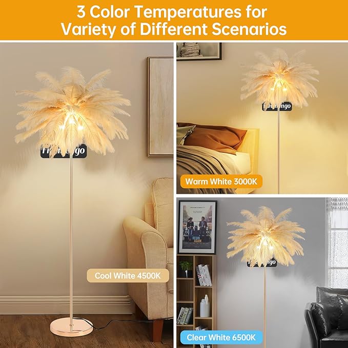 Feather Floor Lamp for Living Room, Fluffy Ostrich Feathers Lamp, Rose Gold Color Body, 3 Color Temperatures Modern Funky Arc Tall Standing Lamp for Bedroom Inclued Bright LED Bulbs (Khaki)