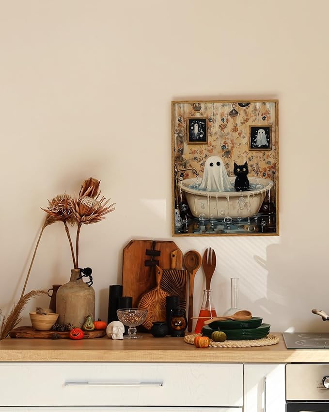ARPEOTCY Vintage Framed Canvas Wall Art, 12x16 Inch Ghost & Cat Halloween Bathroom Wall Art, Retro Print Artwork for Living Room Gallery, Vintage Spooky Picture Home Decor Aesthetic