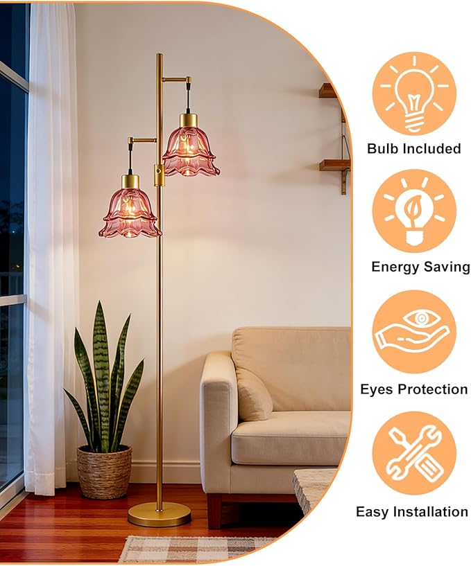 Lightdot 65IN Gold Flower Floor Lamp for Living Room, 2- Light Dimmable Floor Lamps with Deep Red Glass Lampshade,3000K Warm White Modern Standing Tall Lamp for Bedroom Sofa Beside Corner Decor