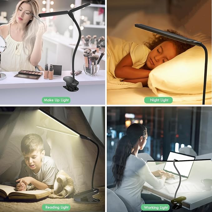 deaunbr LED Reading Light with Clip, Desk Lamp 48 LEDs 2600mAh Battery USB Rechargeable Book Lights Stepless Adjustable Brightness Eye Protection Table Lamps for Bed Headboard, Home, Office - Black