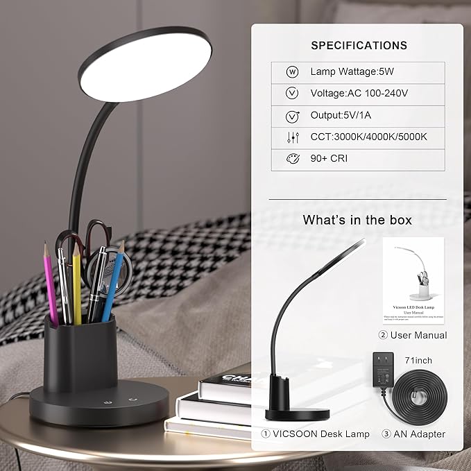Desk Lamp, LED Desk Lamps for Home Office, Touch Table Lamp with 3 Color Modes 360° Adjustable Arm, Dimmable Desk Light with Pen Phone Holder, Black