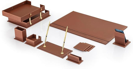 MOOGCO 12-Piece Leather Desk Set — Desk Pad 23.2" x 15.4", Double Document Tray, Pen Holder — Desk Organizer Set for Home Office & Executive Desk Accessories