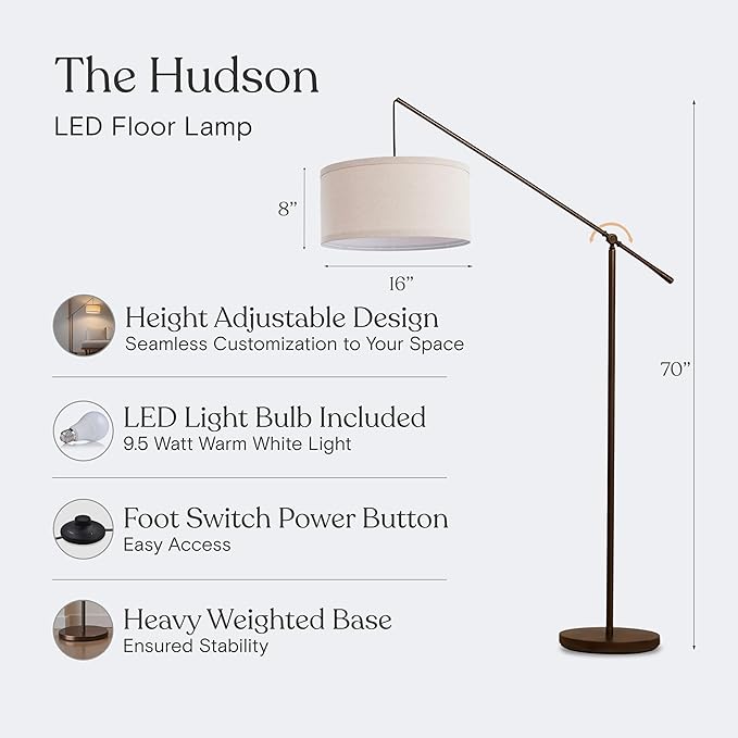 Brightech Hudson 2 - LED Floor lamp, Tall Lamp with Sturdy Base, Contemporary Arc Lamp for Living Rooms & Offices, Great Living Room Décor, Mid Century Modern Light for Bedroom - Rubbed Bronze