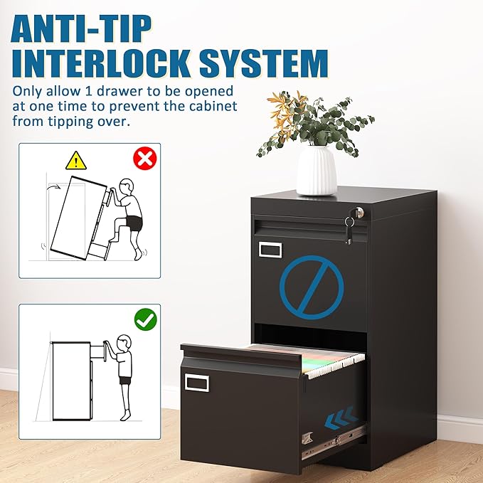 2 Drawer File Cabinet with Lock, Metal Small File Cabinet, Black Filing Cabinets for Home Office, Vertical File Cabinets Locked
