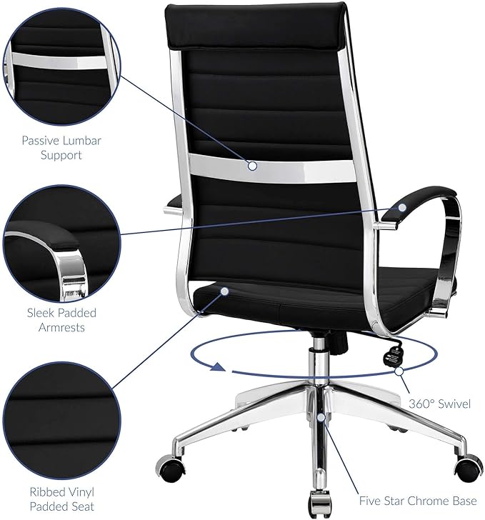 Modway Jive Ribbed High Back Tall Executive Swivel Office Chair With Arms In Black