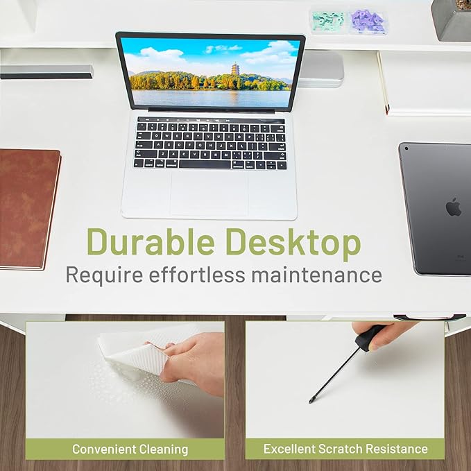 IFANNY Wooden Computer Desk, White Home Office Desk w/Drawers, Keyboard Tray, Open Shelves & Monitor Stand, Modern Writing Desk, Compact Computer Desk for Small Spaces (White)