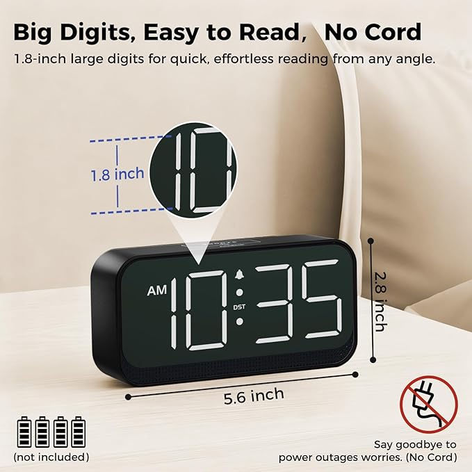 Battery Operated Digital Clock: Cordless Small Alarm Clock for Bedroom Travel - Large Numbers 4 Dimmers for All Ages White Digits