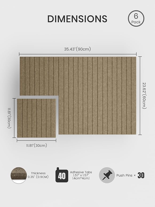 Bumusty Large Cork Board Alternative-36 x 24" Felt Bulletin Board Tiles, with 30 Pushpins, 40 Adhesive Tabs, 6-Pack Slat Wall Paneling, Cork Boards for Office Push Pin Board Felt Board-Earth Brown