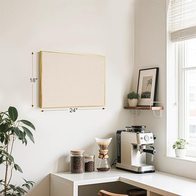 Linen Bulletin Board 24 x 18 Inches, White Cork Board for Wall, Gold Aluminum Framed Fabric Pin Board Tack Board, 10 Push Pins, Beige