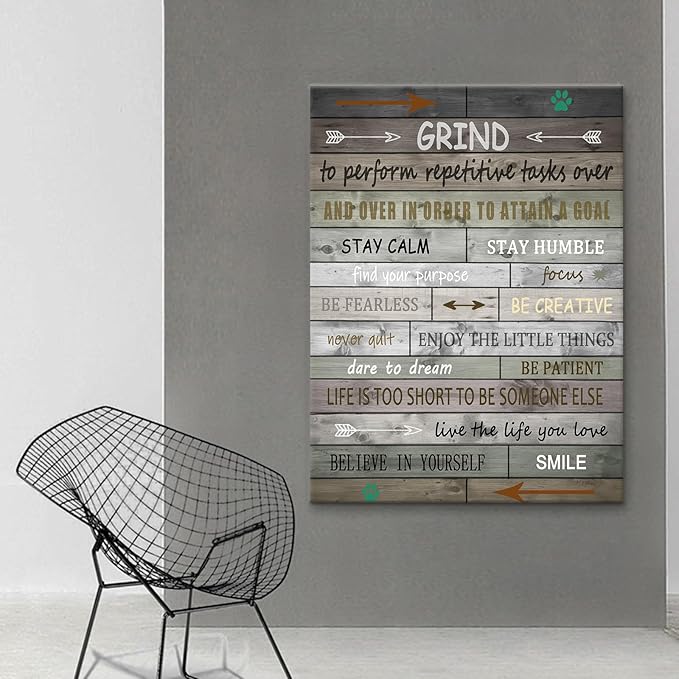 Motivational Canvas Poster Print Inspirational Grind Words Positive Painting Picture Artwork for Modern Home Bedroom Living Room Office School Wall Decor Stretched and Framed [30''Wx 40''H]