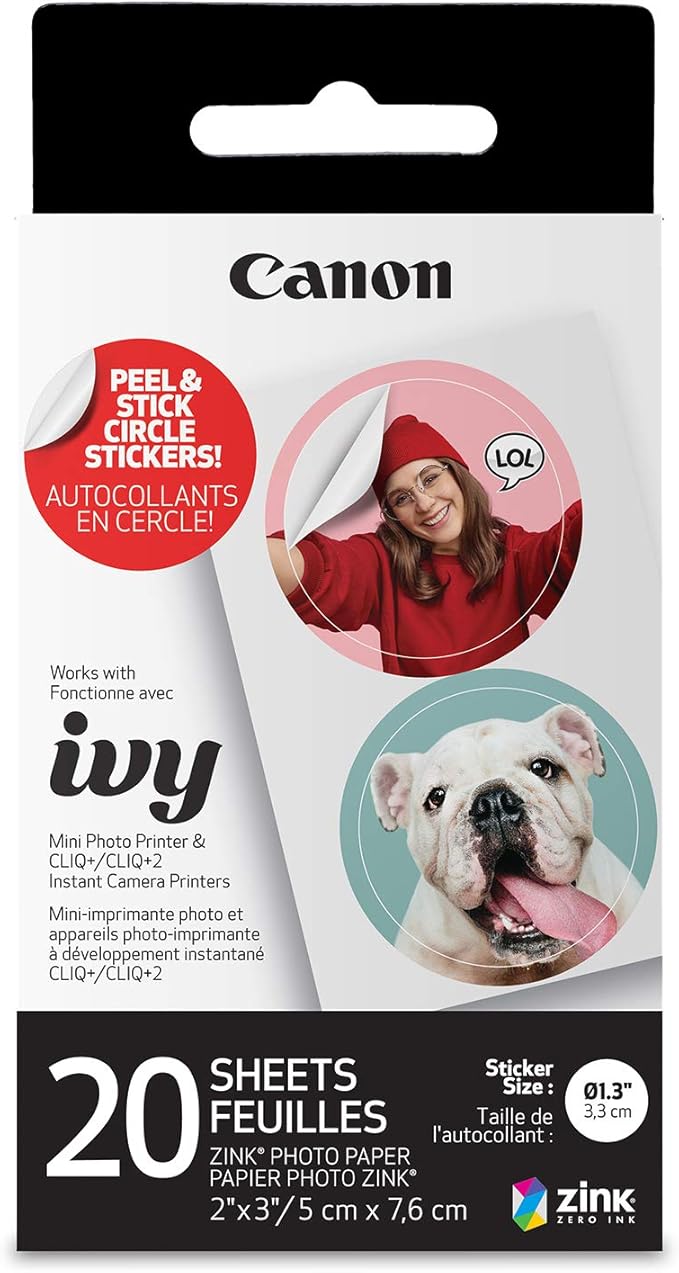 Canon Ivy Zink Pre-Cut Circle Sticker Paper 20 Sheets Pack Compatible with Canon Ivy Mini Photo Printer and CLIQ+/CLIQ+2
