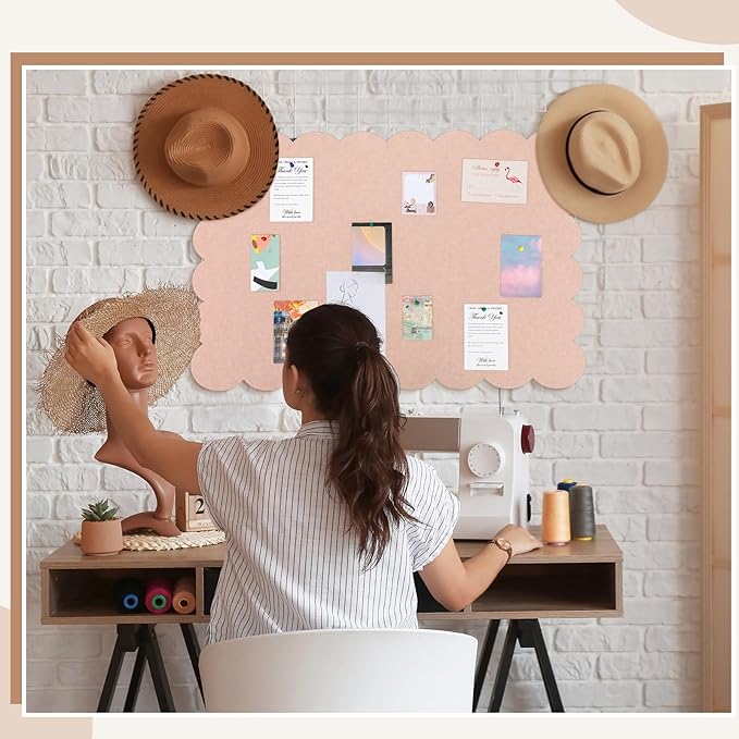 Scalloped Felt Bulletin Board 24 x 18 Inches Foldable Flesh Pink Pin Cork Board Alternative for Wall, 2' x 1.5' Trifold Picture Vision Self Adhesive Bulletin Decorative