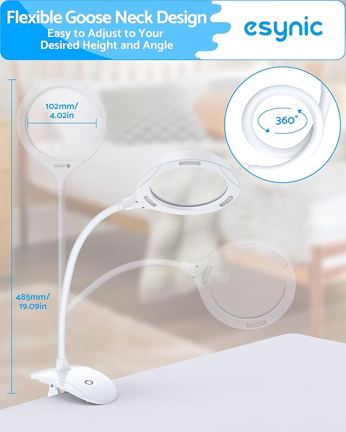 eSynic Lighted Magnifying Glass with Stand-USB-C Rechargeable-5X&10X Magnification-4.3" Large Lens-Desk Magnifier Lamp With Clamp & Heavy Base-3 Levels Brightness-Flexible Gooseneck for Reading Crafts