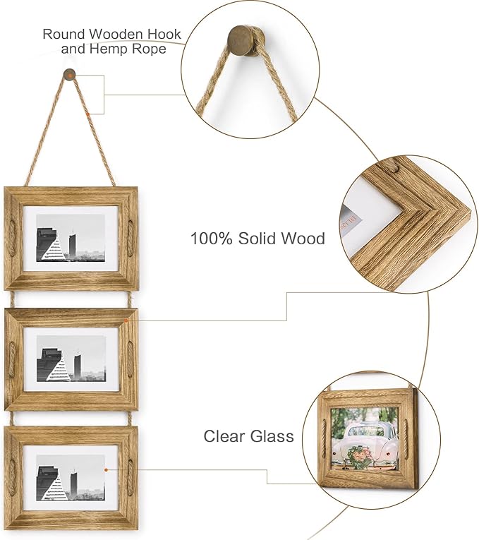 DLQuarts 5x7 Hanging Picture Frames Collage Wall Decor, 3-Frame Set, 3.5x5 with Mat or 5x7 Without Mat, Rustic Solid Wood Photo Frame Pack of 2 Carbonized Black