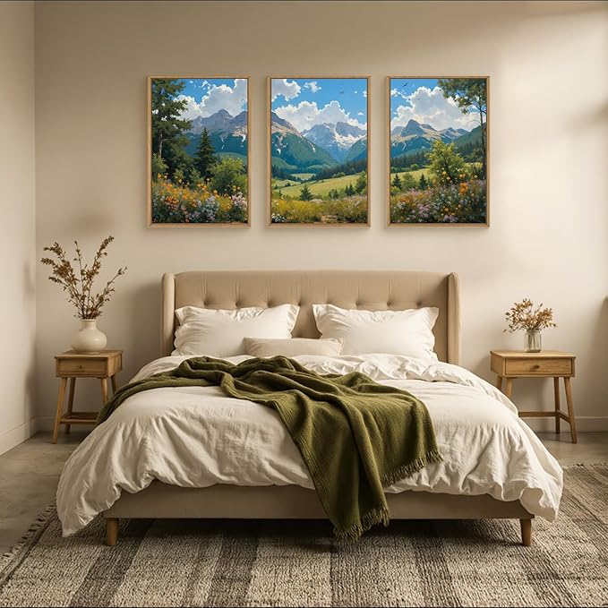 HLNIUC Green Forest Mountain Landscape 3 Piece Wall Art Framed, Colorful Wildflower Nature Wall Decor(16x24), Blue Sky White Cloud Canvas Painting, Woodland Tree Print for Living Room, Bedroom, Office