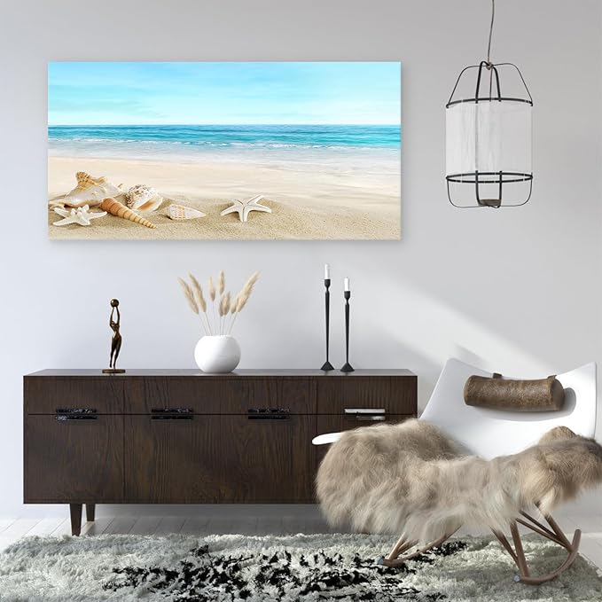 DZL Art S73998 Beach Picture Decor Ocean Painting Canvas Wall Art Prints of Starfish and Seashell on Sandy Seaside Ready to Hang for Living Room Bedroom Office Wall Decor Home Decoration