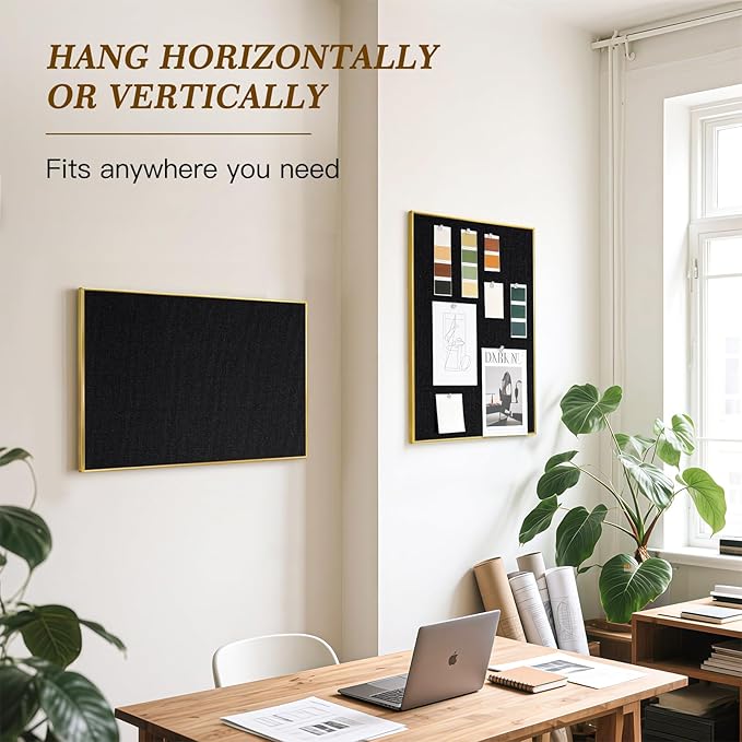 Linen Bulletin Board 30 x 20 Inches, White Cork Board for Wall, Gold Aluminum Framed Fabric Pin Board Tack Board, 10 Push Pins, Black Linen