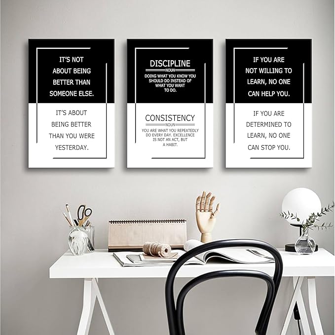 Inspirational Wall Art 3 Piece Black and White Success Quote Office Decor Motivational Poster Canvas Prints Artwork for Living Room Modern Home Painting Pictures Stretched and Framed[48''Wx 24''H]