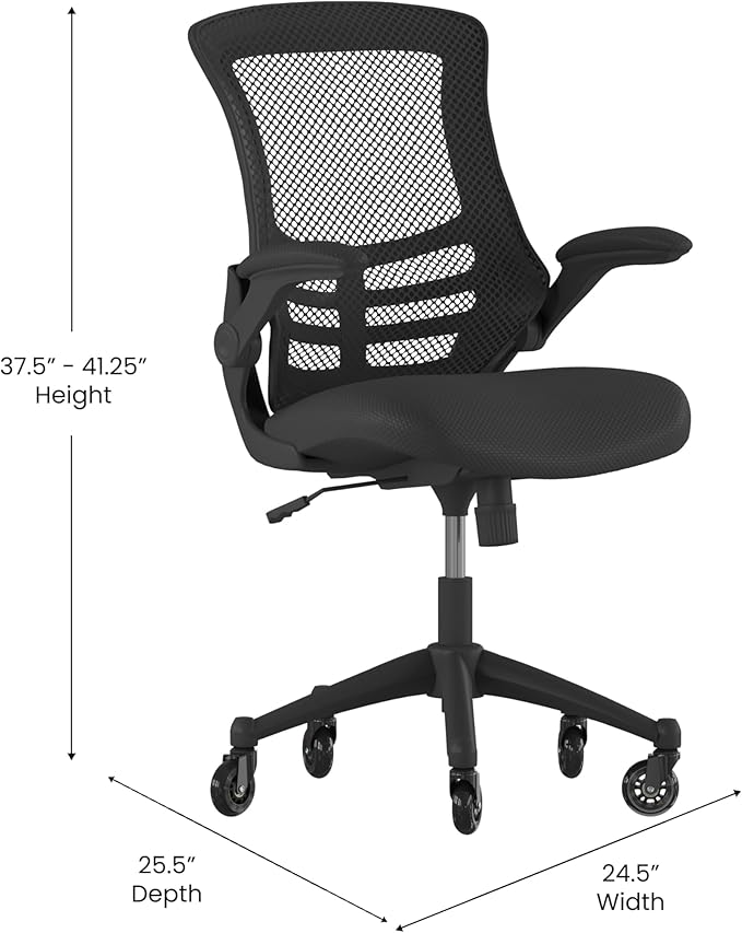 Flash Furniture Kelista Mid-Back Black Mesh Swivel Ergonomic Task Office Chair with Flip-Up Arms and Transparent Roller Wheels