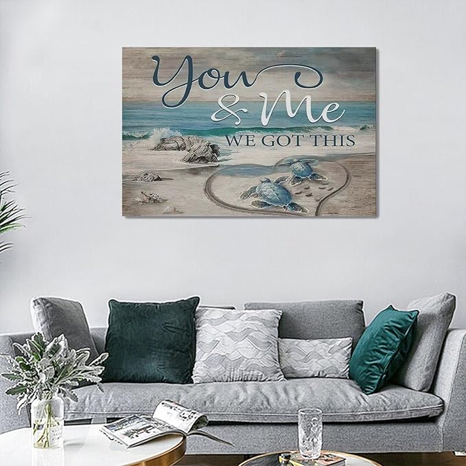 Beach Sea Turtle Bathroom Wall Art Coastal Turtle Love Pictures Wall Decor Ocean Nautical Canvas Seascape Painting Modern Artwork Home Decoration for Living Room Bedroom Office Framed 24"x16"