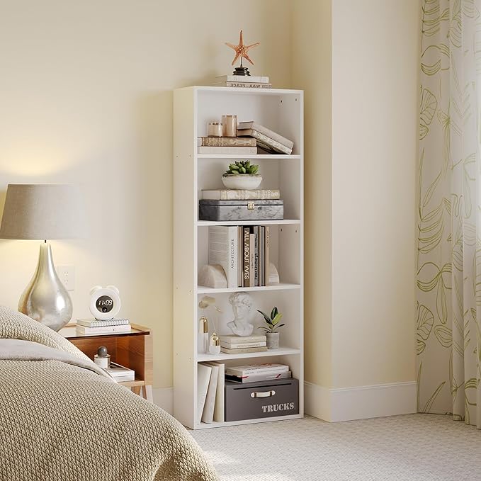 5-Tier Bookshelf & Bookcase Set of 2, Floor Standing Open Book Shelf, Wooden Display Storage Shelves with Anti-Tipping Device, 60" Tall Bookshelves for Bedroom, Living Room and Office, White