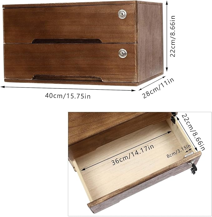 Wooden Desktop Organizer, 2 Drawers Tabletop Storage Box with Lock,Office Supplies A4 File Organizer,Walnut