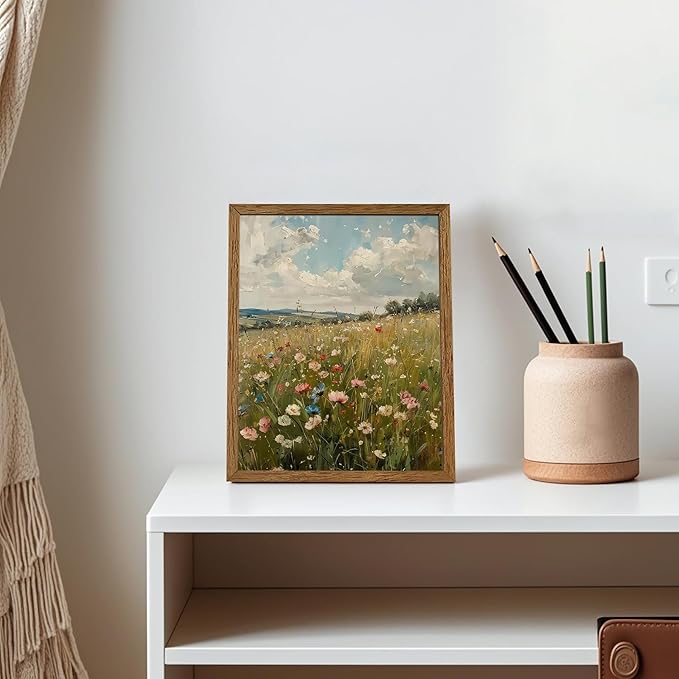 AVECCO Vintage Peaceful Wildflower Canvas Wall Art, Nature Floral Artwork Landscape Wall Decor, Colorfu Botanical Art Prints for Bedroom Living Room Office Home Decoration 8x10 Inches Wood Framed