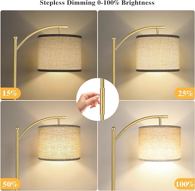 ROTTOGOON Dimmable Floor Lamp, Arc Floor Lamps for Living Room, Stepless Dimming Modern Standing Lamp with Linen Shade, Tall Lamp for Bedroom Office Dining Room- Brushed Gold