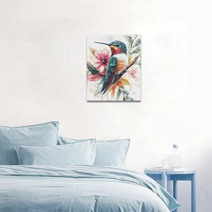 Watercolor Hummingbird Wall Art Country Flower Bird Pictures Wall Decor Colorful Canvas Painting Modern Home Artwork Decorations for Bathroom Bedroom Living Room Office Framed 16"x20"