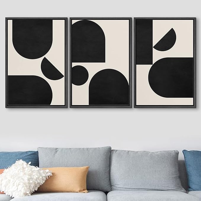 SIGNFORD Framed Canvas Print Wall Art Set Geometric Semi Circle Arch Polygons Abstract Shapes Illustrations Modern Art Bohemian Nordic Relax/Calm for Living Room, Bedroom, Office - 16"x24"x3 Black