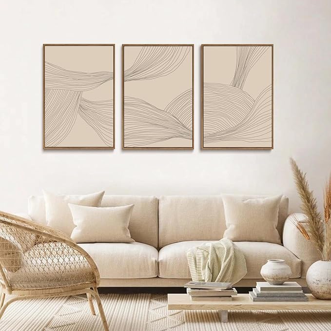 myusuar 3 Piece Large Modern Abstract Canvas Framed Wall Art For Living Room, Beige Minimalist Wall Art Decor Posters Prints For Bedroom Office, 16x24in