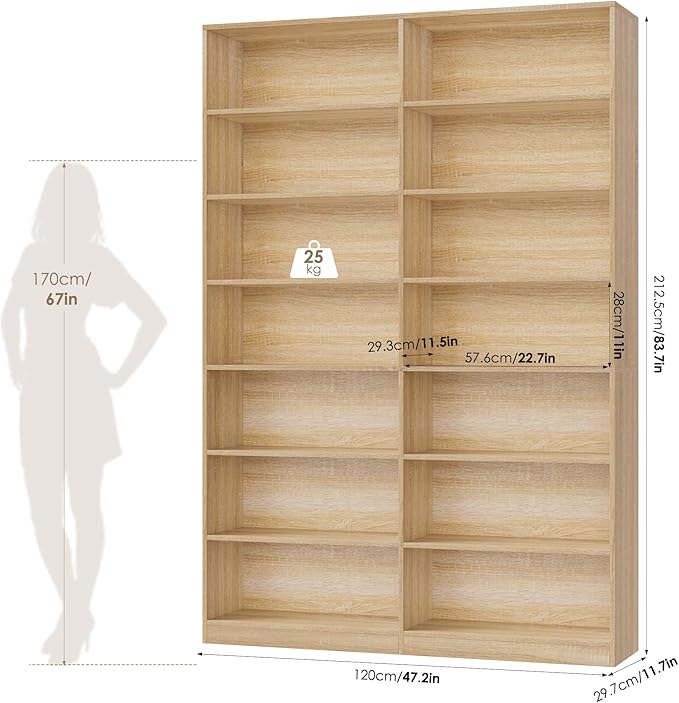 FACBOTALL 83.6" Tall Bookshelf and Bookcase, 7-Tier Extra Large Bookshelf with Double Storage, 14 Open Display Shelves for Home Office, Study and Living Room, Light Oak