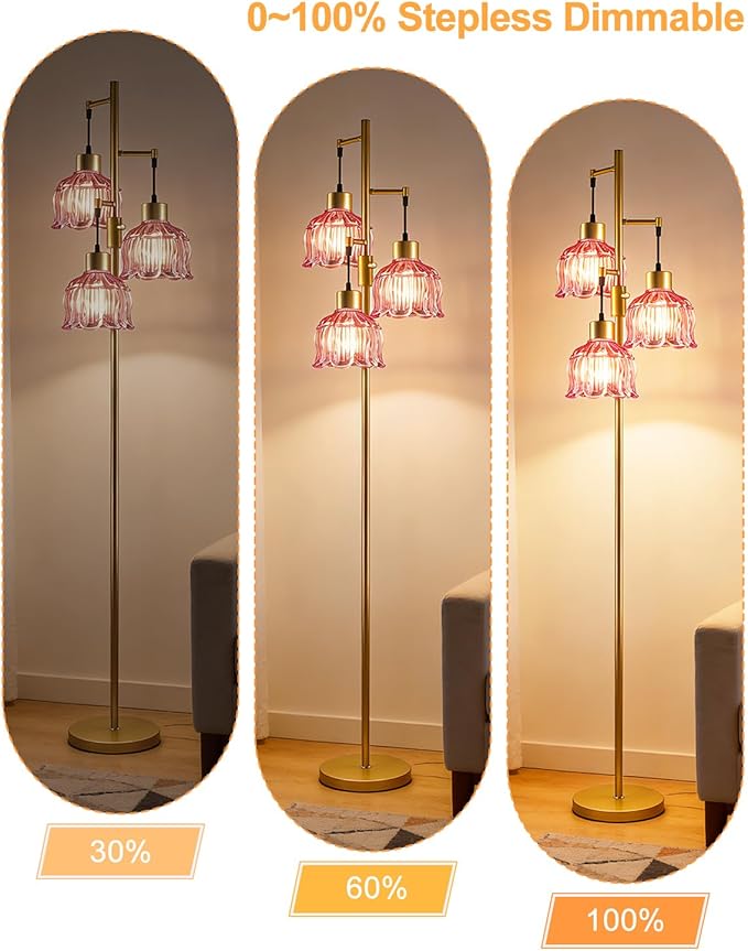 Gold Floor Lamps for Living Room, 3-Light Dimmable Floor Lamp with Rose Red Glass Shade& E12 Bulbs Included, 65'' Mid Century Tall Standing Lamp for Bedroom/Sofa Beside/Corner Decor