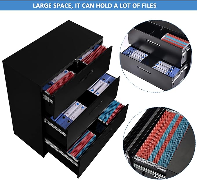 Lateral File Cabinet, 3 Drawers Metal Lockable Filing Cabinet for Commercial Grade Office Legal and Letter File (Black)
