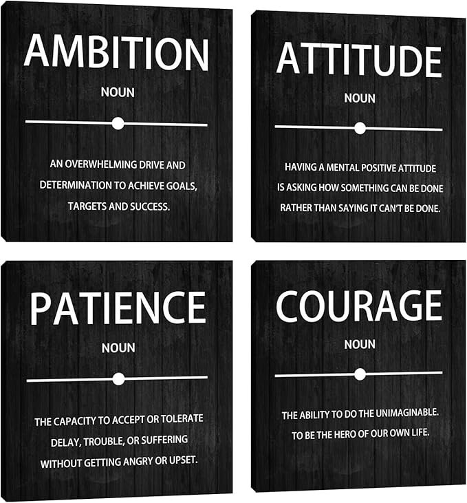4 Panel Inspirational Canvas Wall Art, Motivational Office Wall Decor, Ambition Attitude Patience Courage Painting Posters Prints for Living Room Bedroom Home Office, 12x12-inch