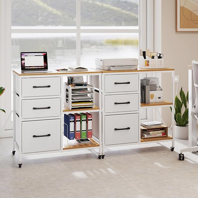 GOFLAME 3 Drawer Mobile File Cabinet with Charging Station, Rolling Printer Stand with Open Storage Shelves, Wooden Storage Cabinet on Wheels for Home Office (Natural and White)